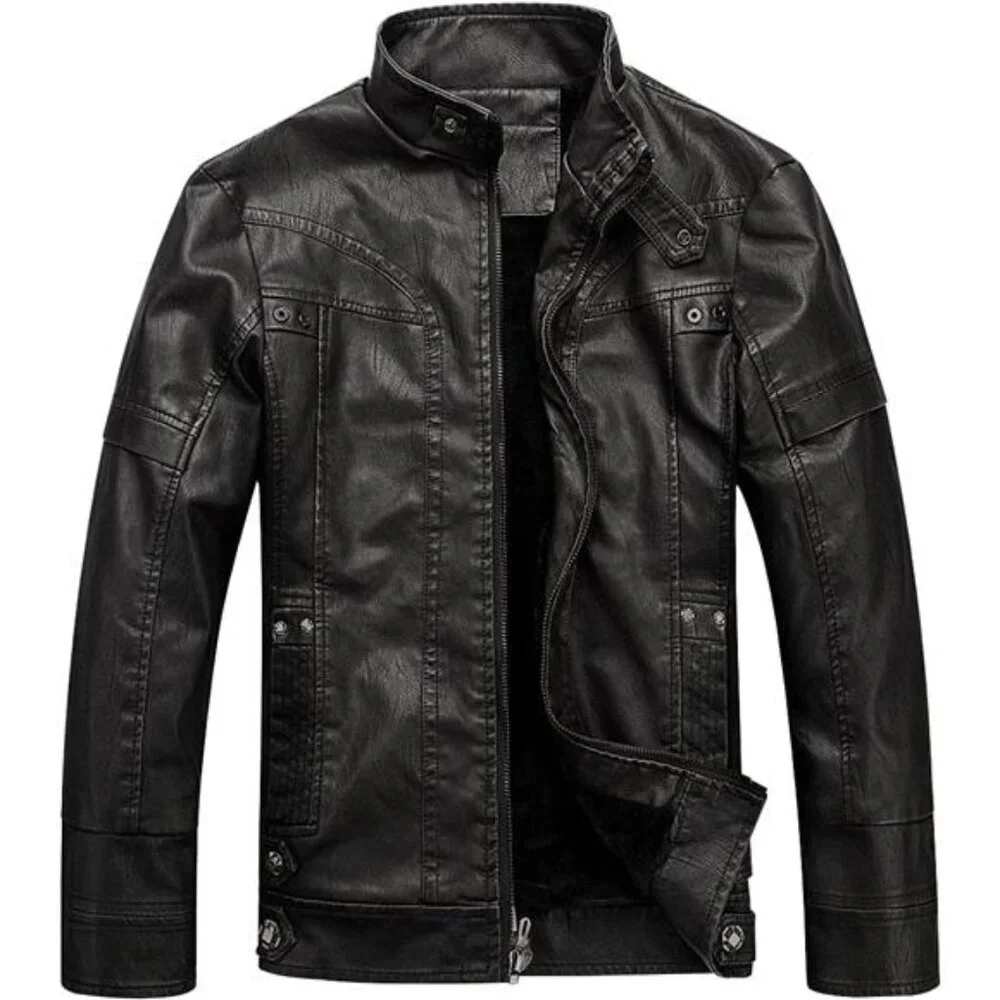 Men's Vintage Stand Collar Leather Jacket Motorcycle PU Jacket and Coat - Picture 7 of 12